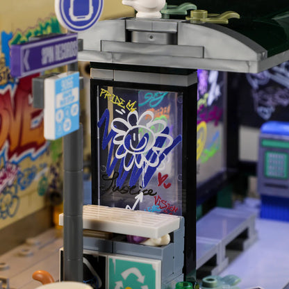 Lumibricks® | Funwhole® Graffiti Bus Stop — Street Fusion Modular with LED Lights — F9066 — 514 Piece Building Set