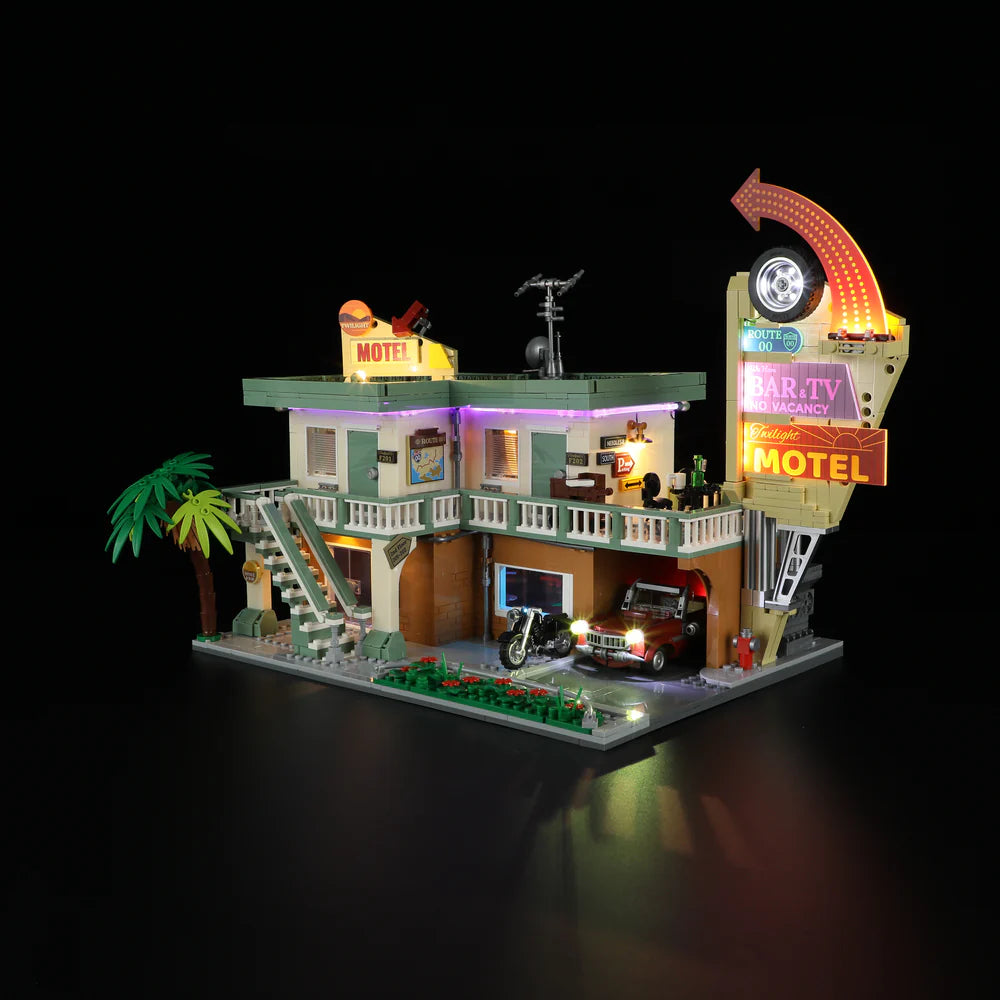 Lumibricks® | Funwhole® Twilight Motel — Modular Building with LED Lights, Car & Motorcycle — F9054 — 1970 Piece Building Set