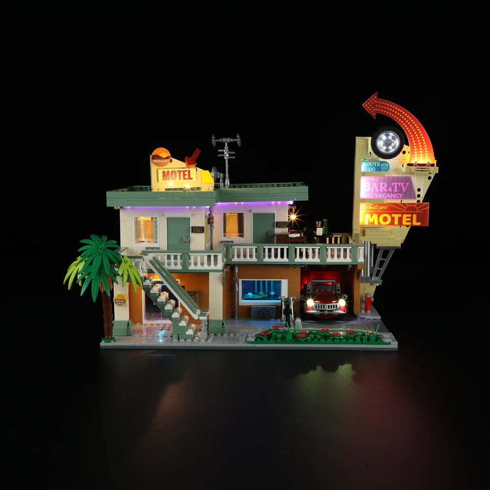 Lumibricks® | Funwhole® Twilight Motel — Modular Building with LED Lights, Car & Motorcycle — F9054 — 1970 Piece Building Set