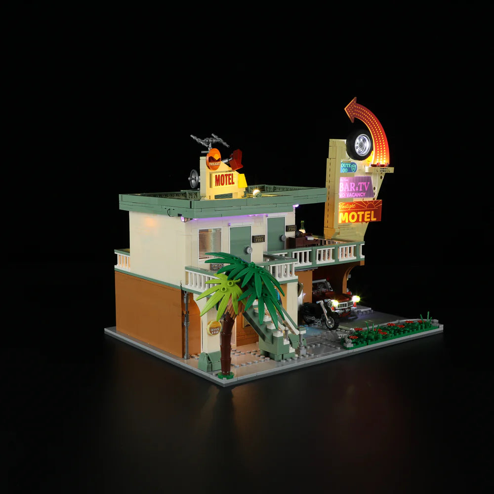 Lumibricks® | Funwhole® Twilight Motel — Modular Building with LED Lights, Car & Motorcycle — F9054 — 1970 Piece Building Set