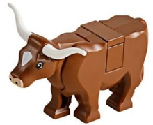 LEGO® Minifigure - Animal - Cow with Light Nougat Muzzle and White Spot on Head Pattern with Long Horns (Tile on Top) - 64452pb01c02
