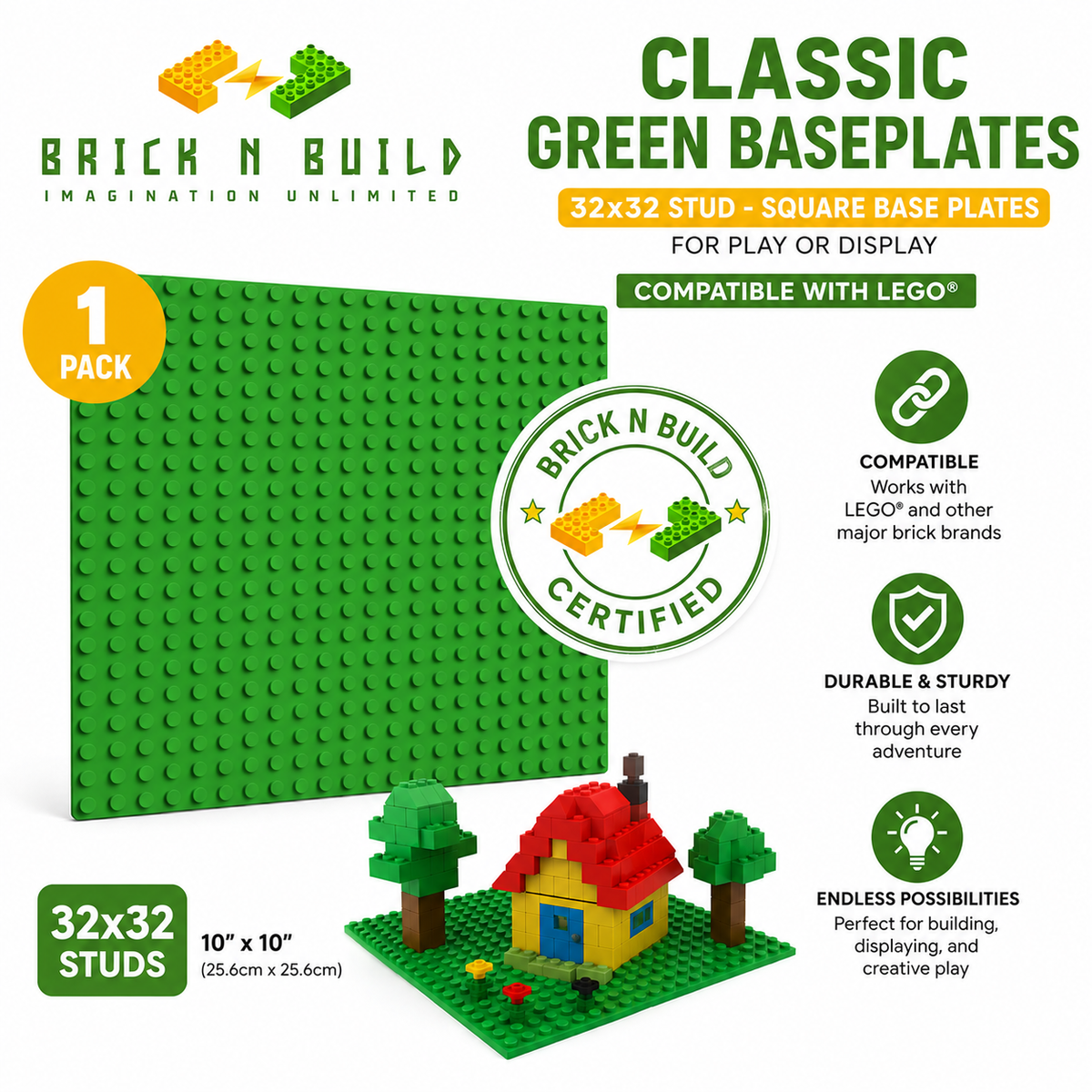 Brick n Build Classic Green Baseplates, 32x32 Stud - Square Base Plates for Play or Display - Compatible with LEGO®