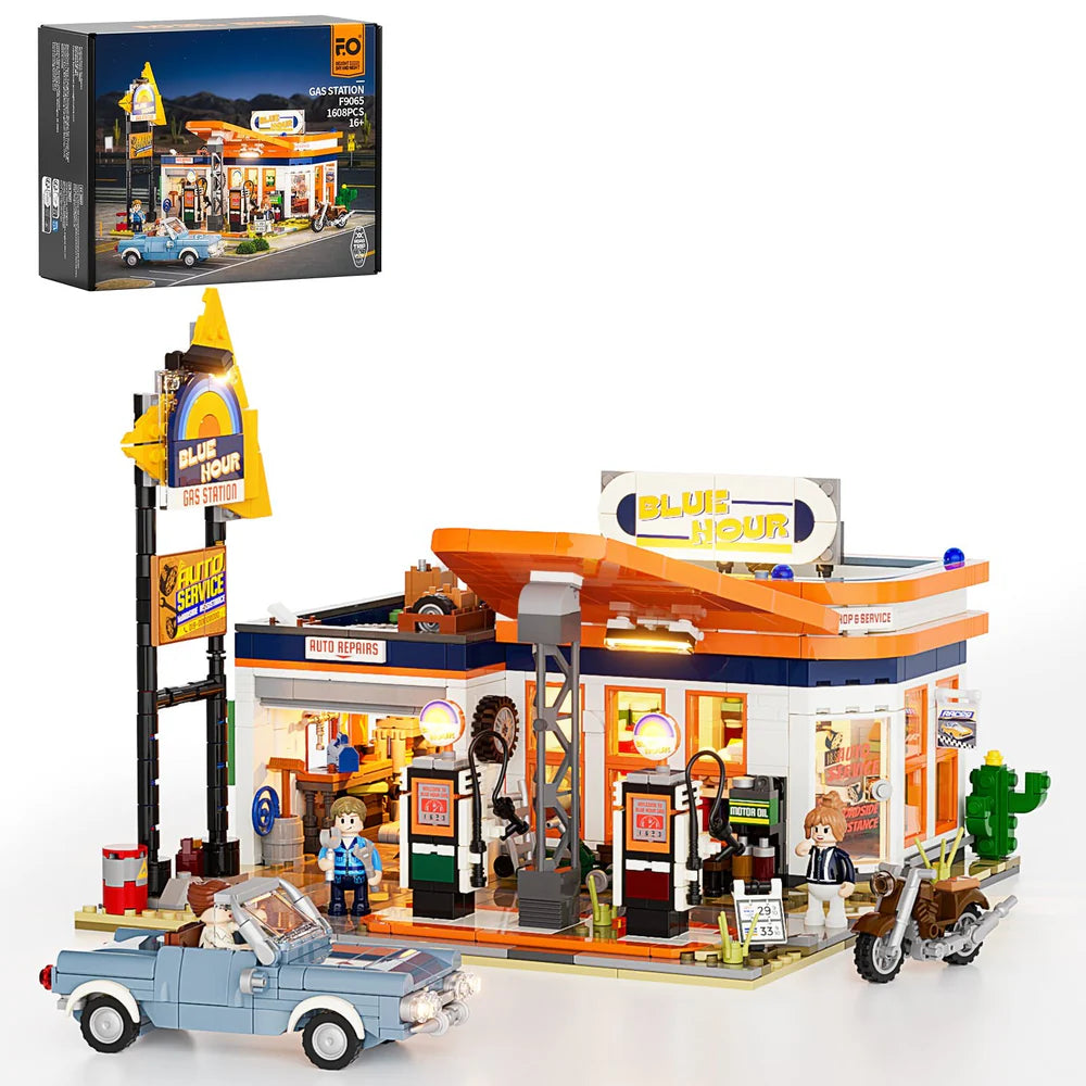 Lumibricks® Gas Station Road Trip — Modular Car Service Station with LED Lights — F9065 — 1608 Piece Building Set