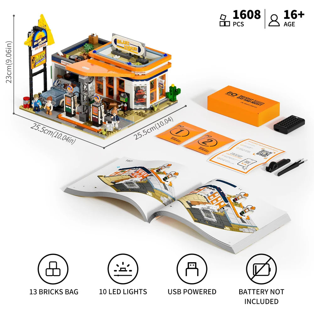 Lumibricks® Gas Station Road Trip — Modular Car Service Station with LED Lights — F9065 — 1608 Piece Building Set