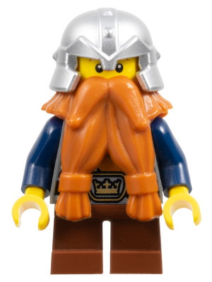 LEGO® Minifigure - Castle (Fantasy Era) - Dwarf, Dark Orange Beard, Metallic Silver Helmet with Studded Bands, Dark Blue Arms, Brown Eyebrows, Thin Grin - cas392
