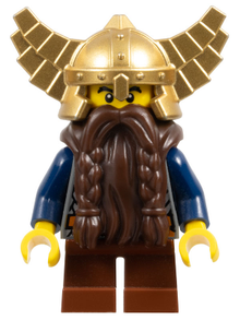 LEGO® Minifigure - Castle (Fantasy Era) - Dwarf, Dark Brown Beard, Metallic Gold Helmet with Wings, Dark Blue Arms, Dual Sided Head - cas430