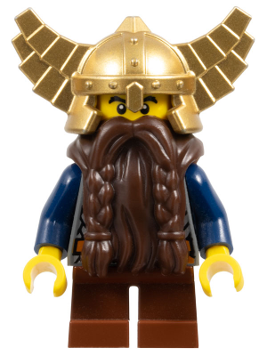 LEGO® Minifigure - Castle (Fantasy Era) - Dwarf, Dark Brown Beard, Metallic Gold Helmet with Wings, Dark Blue Arms, Dual Sided Head - cas430
