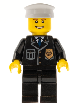 LEGO® Minifigure - Town: City: Police - Police - City Suit with Blue Tie and Badge, Black Legs, Thin Grin with Teeth, White Hat - cty0098