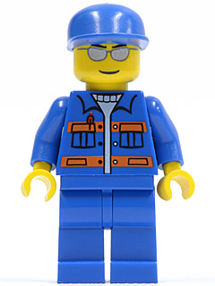 LEGO® Minifigure - Town : City - Blue Jacket with Pockets and Orange Stripes, Blue Legs, Blue Cap, Silver Sunglasses, Eyebrows, and Thin Grin - cty0148