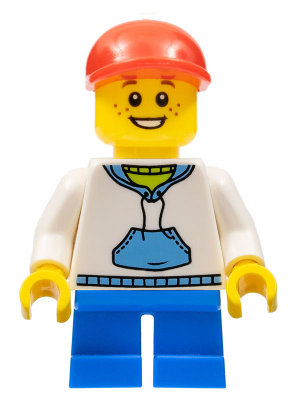 LEGO® Minifigure - Town : City - Child - Boy, White Hoodie with Medium Blue Pocket, Blue Short Legs, Red Cap, Freckles - cty0192