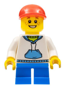 LEGO® Minifigure - Town : City - Child - Boy, White Hoodie with Medium Blue Pocket, Blue Short Legs, Red Cap, Freckles - cty0192