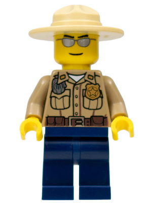 LEGO® Minifigure - Town : City : Police - Forest Police - Dark Tan Shirt with Pockets, Radio and Gold Badge, Dark Blue Legs, Campaign Hat, Silver Sunglasses - cty0260