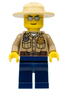 LEGO® Minifigure - Town : City : Police - Forest Police - Dark Tan Shirt with Pockets, Radio and Gold Badge, Dark Blue Legs, Campaign Hat, Silver Sunglasses - cty0260
