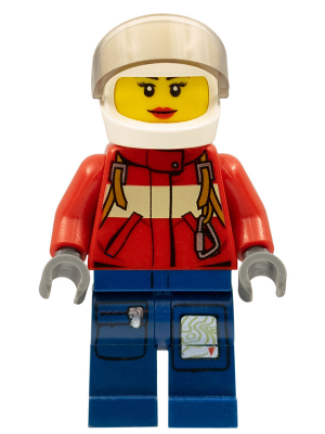 LEGO® Minifigure - Town: City: Fire - Pilot Female, Red Fire Suit with Carabiner, Dark Blue Legs with Map, White Helmet, Red Lips - cty0280