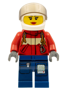 LEGO® Minifigure - Town: City: Fire - Pilot Female, Red Fire Suit with Carabiner, Dark Blue Legs with Map, White Helmet, Red Lips - cty0280