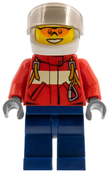 LEGO® Minifigure - Town: City: Fire - Fire - Pilot Male, Red Fire Suit with Carabiner, Dark Blue Legs, White Helmet, Trans-Brown Visor, Orange Safety Glasses - cty0323