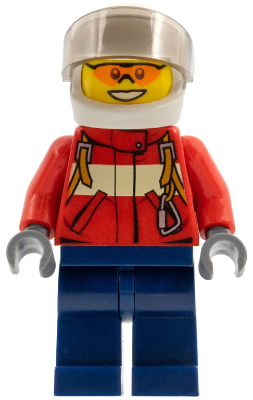 LEGO® Minifigure - Town: City: Fire - Fire - Pilot Male, Red Fire Suit with Carabiner, Dark Blue Legs, White Helmet, Trans-Brown Visor, Orange Safety Glasses - cty0323