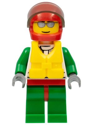 LEGO® Minifigure - Town: City - Octan - Jacket with Red and Green Stripe, Red Hips and Green Legs, Red Helmet, Trans-Brown Visor, Silver Sunglasses, Life Jacket Center Buckle - cty0373