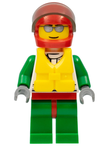 LEGO® Minifigure - Town: City - Octan - Jacket with Red and Green Stripe, Red Hips and Green Legs, Red Helmet, Trans-Brown Visor, Silver Sunglasses, Life Jacket Center Buckle - cty0373