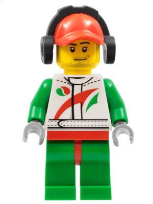 LEGO® Minifigure - Town: City: Race - Race Car Mechanic, White Racing Suit with Octan Logo, Red Cap with Hole, Headphones, Smirk and Stubble Beard - cty0391