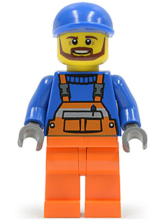 LEGO® Minifigure - Town: City - Overalls with Safety Stripe Orange, Orange Legs, Blue Short Bill Cap, Brown Beard (Tow Truck Driver) - cty0459