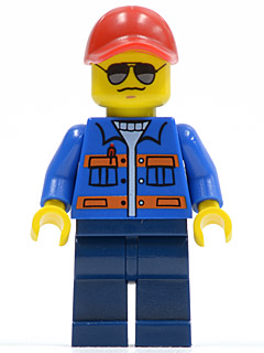 LEGO® Minifigure - Town : City : Train - Blue Jacket with Pockets and Orange Stripes, Dark Blue Legs, Red Cap with Hole, Sunglasses, NO Back Print - cty0500
