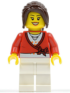LEGO® Minifigure - Town: City - Sweater Cropped with Bow, Heart Necklace, White Legs, Dark Brown Hair Ponytail Long with Side Bangs - cty0504