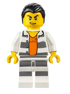 LEGO® Minifigure - City - Police - Jail Prisoner Shirt with Prison Stripes and Orange Undershirt, Striped Legs, Hair Combed - cty0613