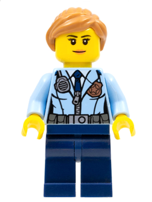 LEGO® Minifigure - Town: City: Police - Police - City Officer Female, Jacket with Dark Blue Tie, Radio and Gold Badge, Dark Blue Legs, Medium Nougat Ponytail and Swept Sideways Fringe - cty0620
