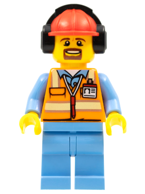 LEGO® Minifigure - Town: City: Airport - Orange Safety Vest with Reflective Stripes, Medium Blue Legs, Red Construction Helmet with Black Ear Protectors / Headphones - cty0688