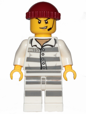 LEGO® Minifigure - City - Sky Police - Jail Prisoner 86753 Prison Stripes, Scowl with Open Mouth and Headset, Dark Red Knit Cap - cty0988