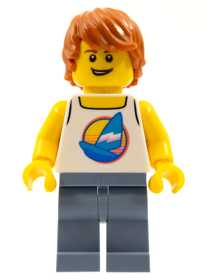 LEGO® Minifigure - Town: City: Recreation - Surfer - Male, White Tank Top with Dark Azure Sailboat, Sand Blue Legs, Dark Orange Tousled Hair- cty1149