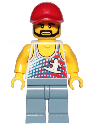 LEGO® Minifigure - City - Skater - Tank Top with Surfer Silhouette, Sand Blue Legs, Red Cap, Black Angular Beard - cty1238