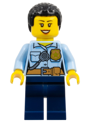 LEGO® Minifigure - Town: City: Police - Police - City Officer Female, Bright Light Blue Shirt with Badge and Radio, Dark Blue Legs, Short Black Curly Hair - cty1381