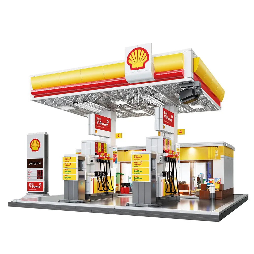 CADA 1309-Piece Shell Gas Station with LED Lighting — Compatible Building Set