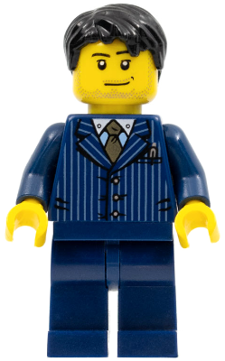 LEGO® Minifigure - Holidays & Events - Businessman - Pinstripe Jacket and Gold Tie, Dark Blue Legs, Black Short Tousled Hair, Smirk and Stubble - hol054