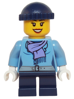 LEGO® Minifigure - Holidays & Events - Medium Blue Jacket with Light Purple Scarf, Dark Blue Short Legs, Dark Blue Knit Cap - hol074