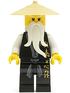 LEGO® Minifigure - Ninjago: The Golden Weapons - Wu Sensei, Black Kimono with Gold Symbols, Dark Bluish Gray Sash, Tan Asian Hat, White Beard - njo0026