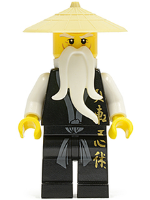 LEGO® Minifigure - Ninjago: The Golden Weapons - Wu Sensei, Black Kimono with Gold Symbols, Dark Bluish Gray Sash, Tan Asian Hat, White Beard - njo0026