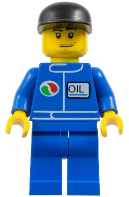 LEGO® Minifigure - Town : City : Gas Station - Octan - Blue Oil, Blue Legs, Black Cap, Smirk and Stubble Beard - oct060
