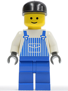 LEGO® Minifigure - Town / City - Overalls Striped Blue with Pocket, Blue Legs, Black Cap, Standard Grin - ovr025