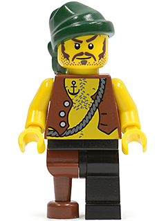 LEGO® Minifigure - Pirates - Pirate Vest and Anchor Tattoo, Black Leg and Peg Leg, Dark Green Bandana, Brown Moustache - pi110