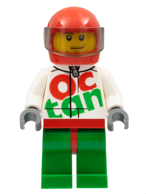 LEGO® Minifigure - Town : City : Race - Race Car Driver, White Octan Racing Suit with Silver Zipper, Red Helmet with Trans-Brown Visor, Crooked Smile, Stubble Beard - rac059