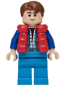 LEGO® Minifigure - Back to the Future - Marty McFly - Red Puffer Vest over Sand Blue Jacket, Blue Arms - sc138