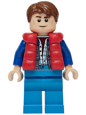 LEGO® Minifigure - Back to the Future - Marty McFly - Red Puffer Vest over Sand Blue Jacket, Blue Arms - sc138