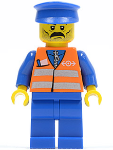 LEGO® Minifigure - Trains - Orange Vest with Safety Stripes - Blue Legs, Moustache, Blue Hat - trn118