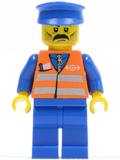 LEGO® Minifigure - Trains - Orange Vest with Safety Stripes - Blue Legs, Moustache, Blue Hat - trn118