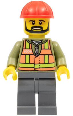 LEGO® Minifigure - Train - Cargo Train Driver - Light Orange Safety Vest, Dark Bluish Gray Legs, Red Construction Helmet, Black Beard - trn235a