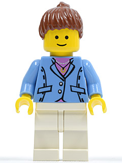 LEGO® Minifigure - Town: City - Medium Blue Jacket, White Legs, Reddish Brown Ponytail Hair - twn031