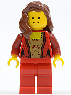 LEGO® Minifigure - Town - Palace Cinema Guest - Female, Corset with Gold Panel Front and Lace Up Back, Red Legs, Reddish Brown Hair over Shoulder - twn180